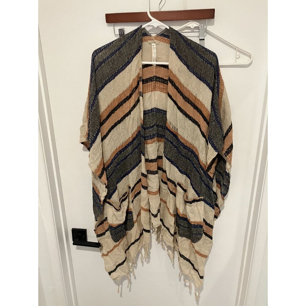 Anthropologie Ecote Striped Poncho, Cream/Navy/Orange, One Size